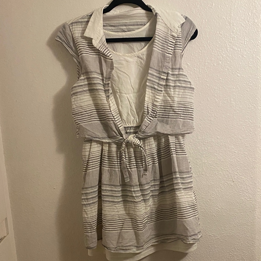 Striped Tie-Front Sleeveless Dress in Gray and White